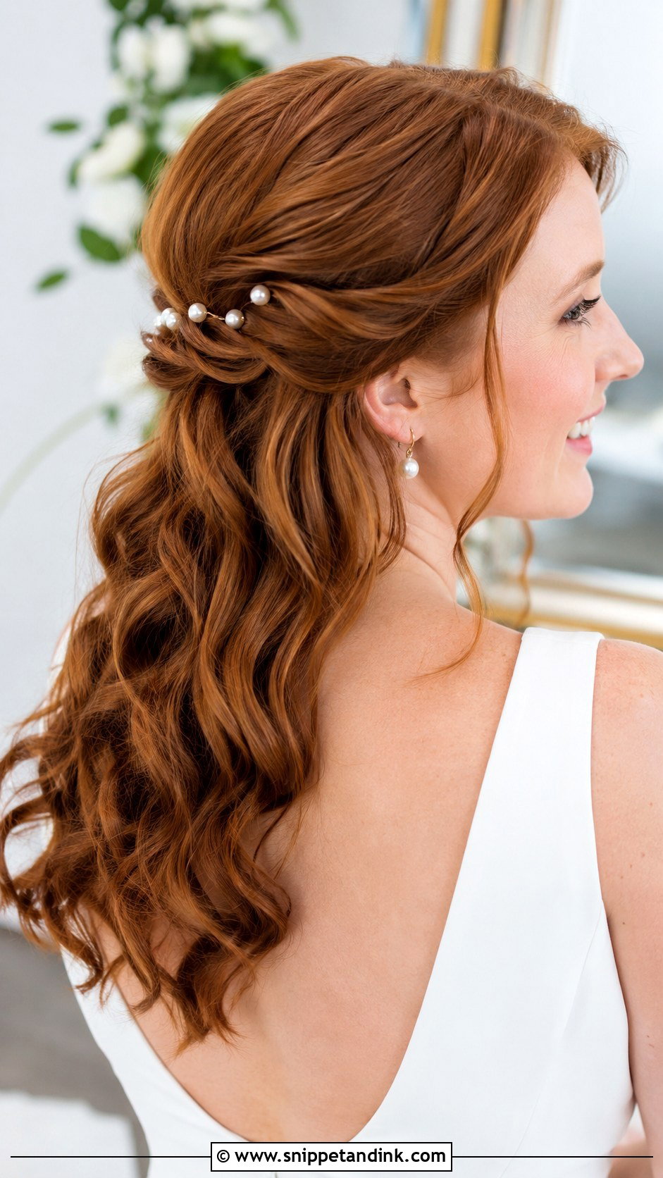 Mid Length Half Up Half Down Wedding Hair With Pearl Pins - Snippet and Ink - 15 Mid Length Half-Up Half-Down Wedding Hair Ideas
