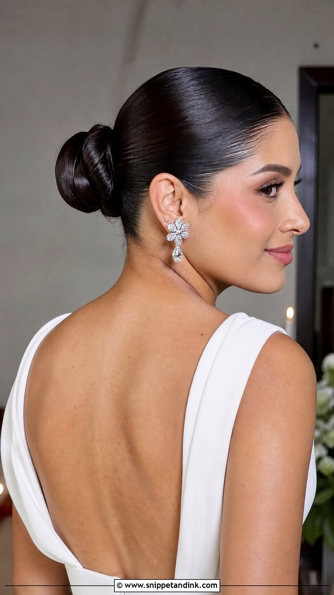 Mid Slick Bun With Glossy Finish - Snippet and Ink - 20 Slick Bun Wedding Ideas