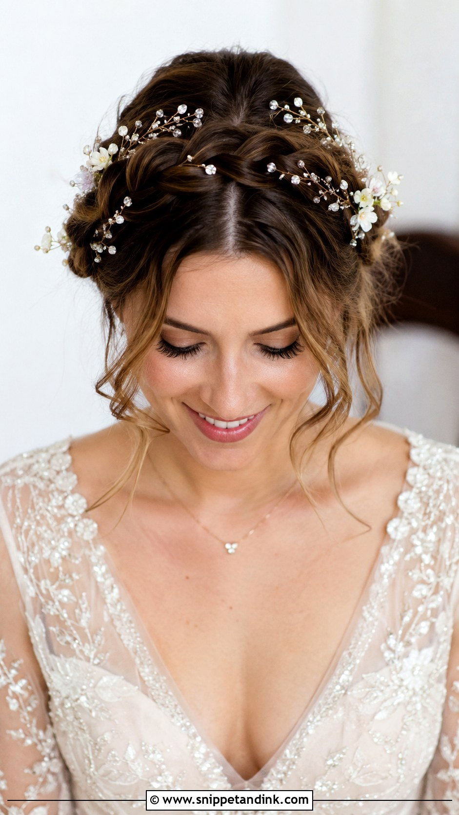 Middle Part Dutch Halo Braid Bridal Hair - Snippet and Ink - 20 Middle Part Bridal Hair Ideas