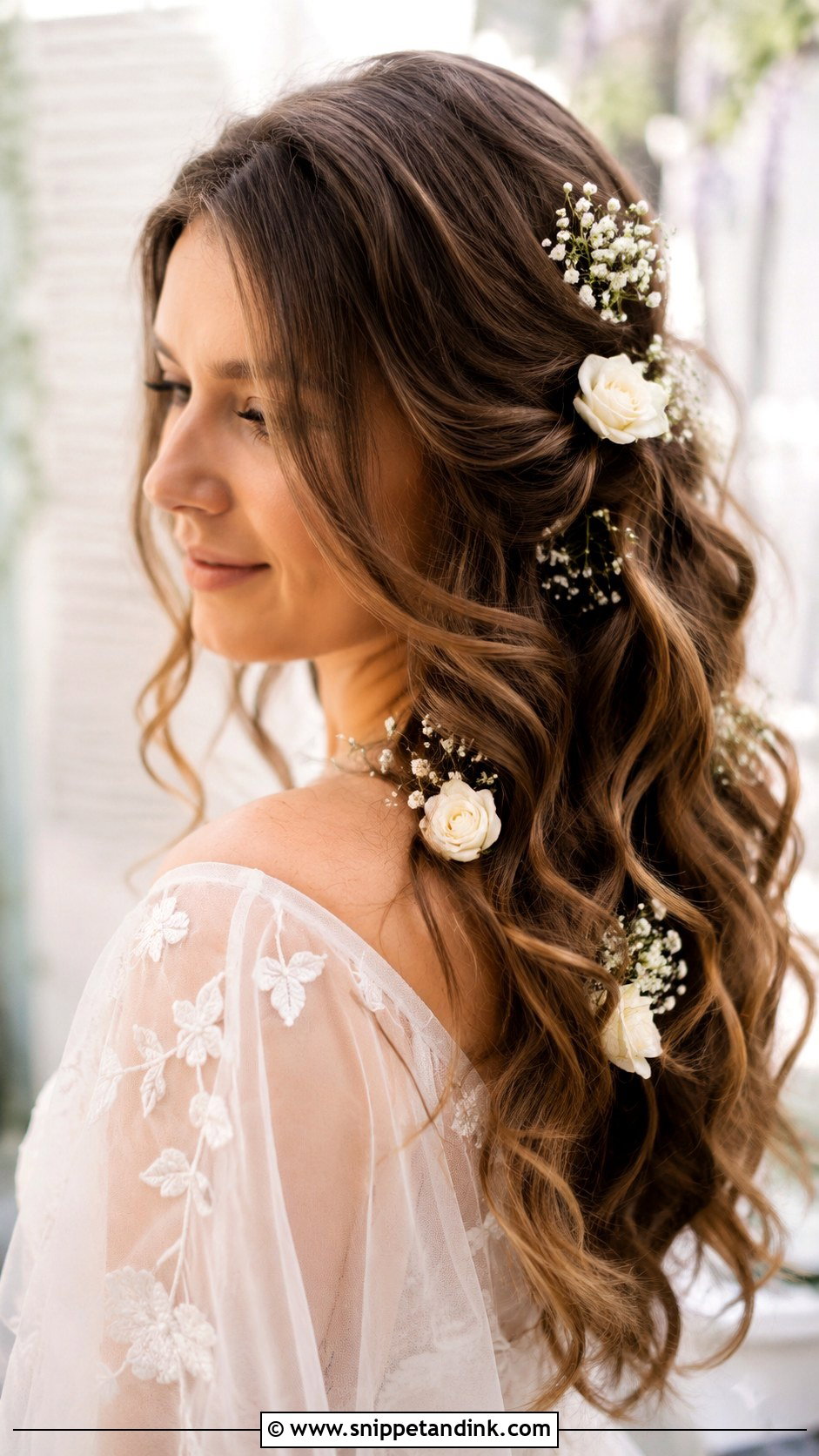 Middle Part Flower Adorned Waves - Snippet and Ink - 20 Middle Part Wedding Hairstyles