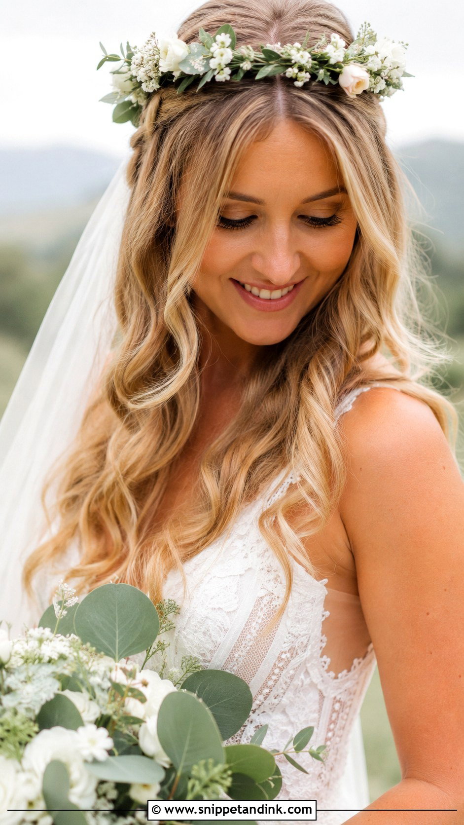 Middle Part Flower Crown Bridal Hairstyle - Snippet and Ink - 20 Middle Part Bridal Hair Ideas