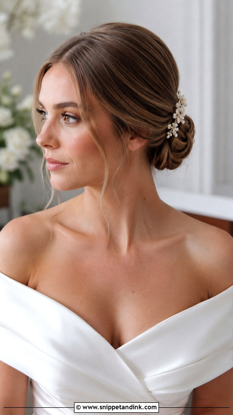 Middle Part Low Chignon Bridal Hairstyle - Snippet and Ink - 20 Middle Part Bridal Hair Ideas