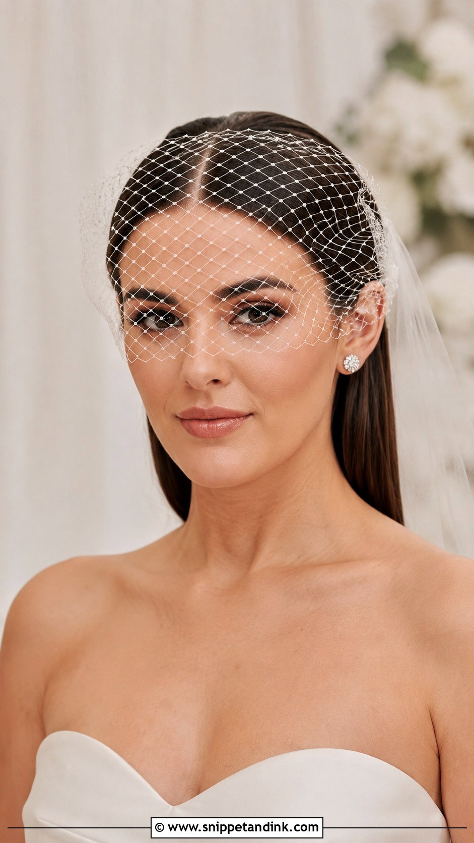 Middle Part Sleek Hair With a Birdcage Veil - Snippet and Ink - 25 Veil Hair Down Ideas
