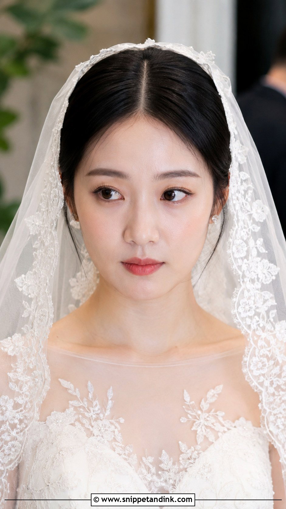 Middle Part Straight Hair With Mantilla Veil - Snippet and Ink - 25 Hair Down with Veil Ideas