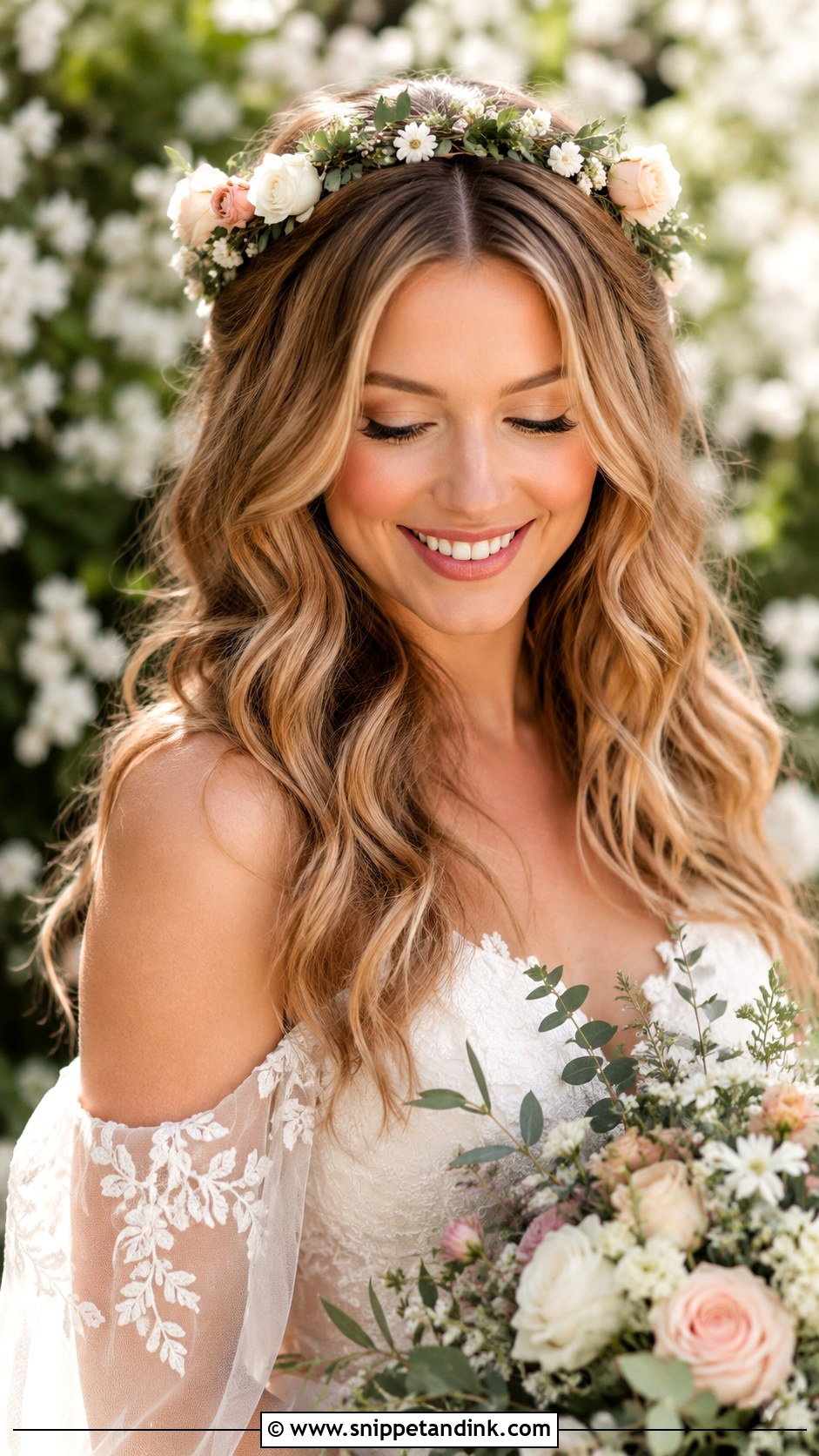 Middle Part Wavy Hair with Floral Crown - Snippet and Ink - 20 Middle Part Bridal Hair Down Ideas
