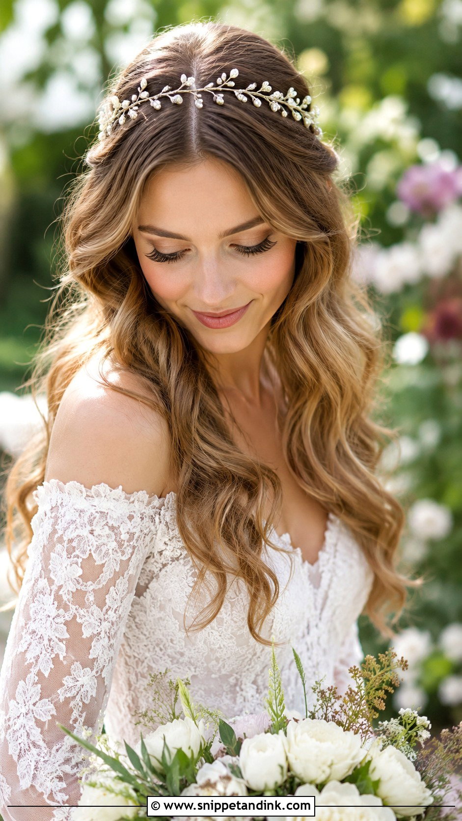 Middle Part Wavy Hair with Hair Vine - Snippet and Ink - 20 Middle Part Bridal Hair Down Ideas