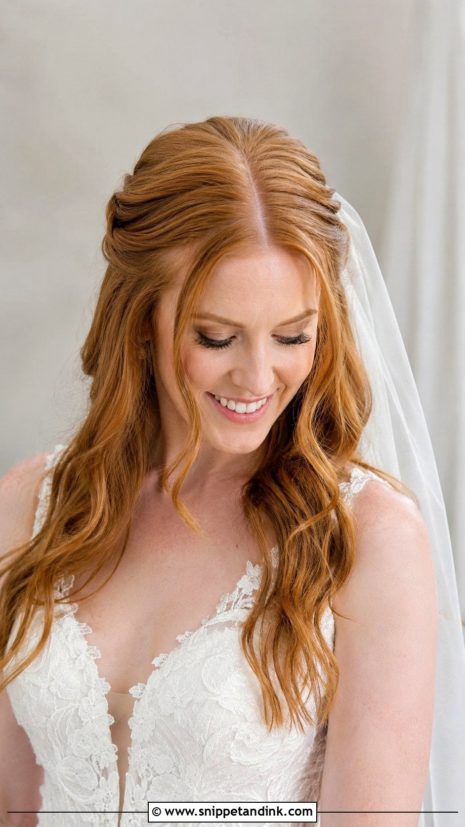 Middle Part Wavy Half Up With Veil - Snippet and Ink - 20 Middle Part Bridal Hair Ideas