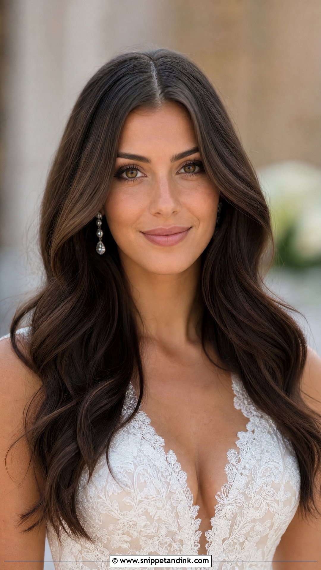 Middle Part Wedding Hair Down With Brunette Waves - Snippet and Ink - 20 Middle Part Wedding Hair Down Ideas