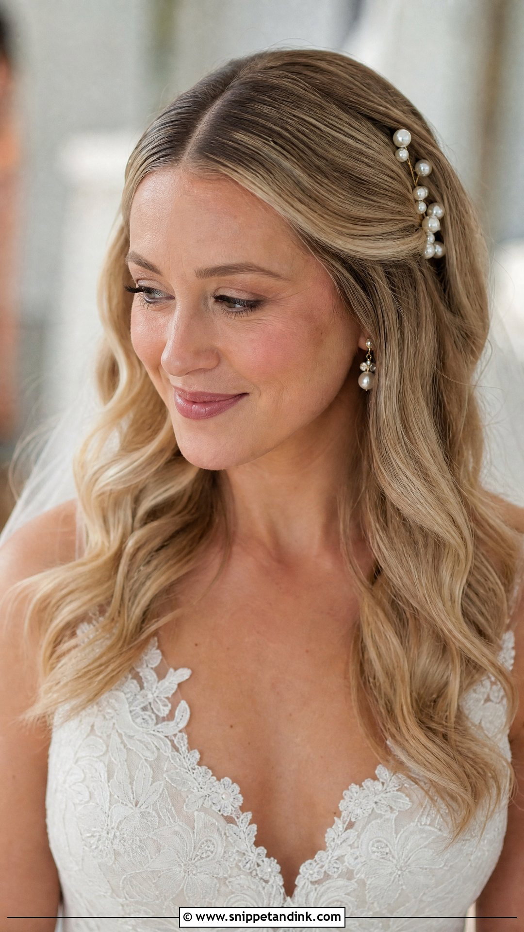 Middle Part Wedding Hair Down With Pearl Pins - Snippet and Ink - 20 Middle Part Wedding Hair Down Ideas