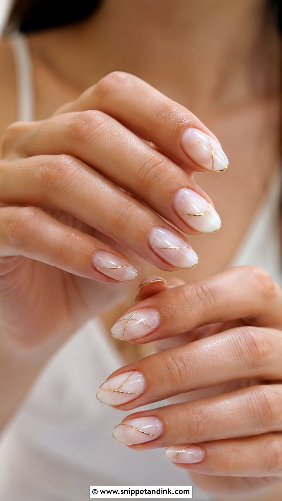 Milky Nails With Gold Line - Snippet and Ink - 20 Simple Wedding Day Nails for Bride