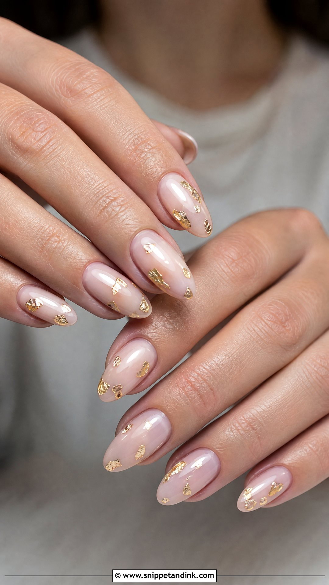 Milky Pink Nails With Gold Foil - Snippet and Ink - 25 Wedding Guest Nail Inspo Ideas