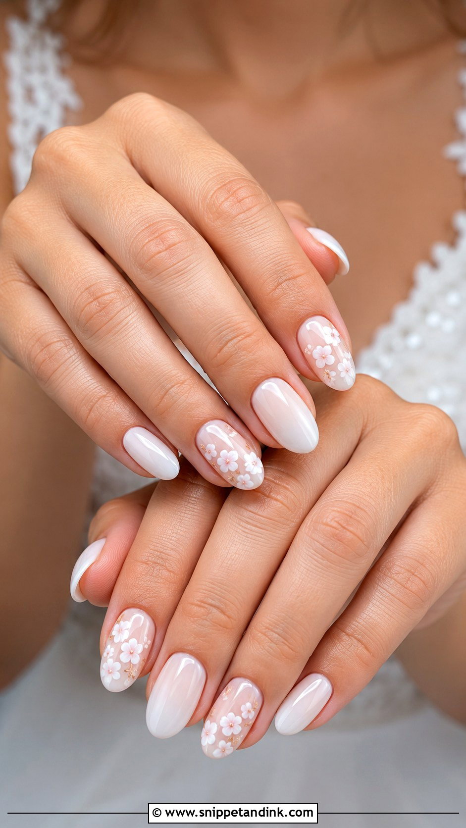Milky White Bridal Nails With Flowers - Snippet and Ink - 20 Bridal Nails with Flowers