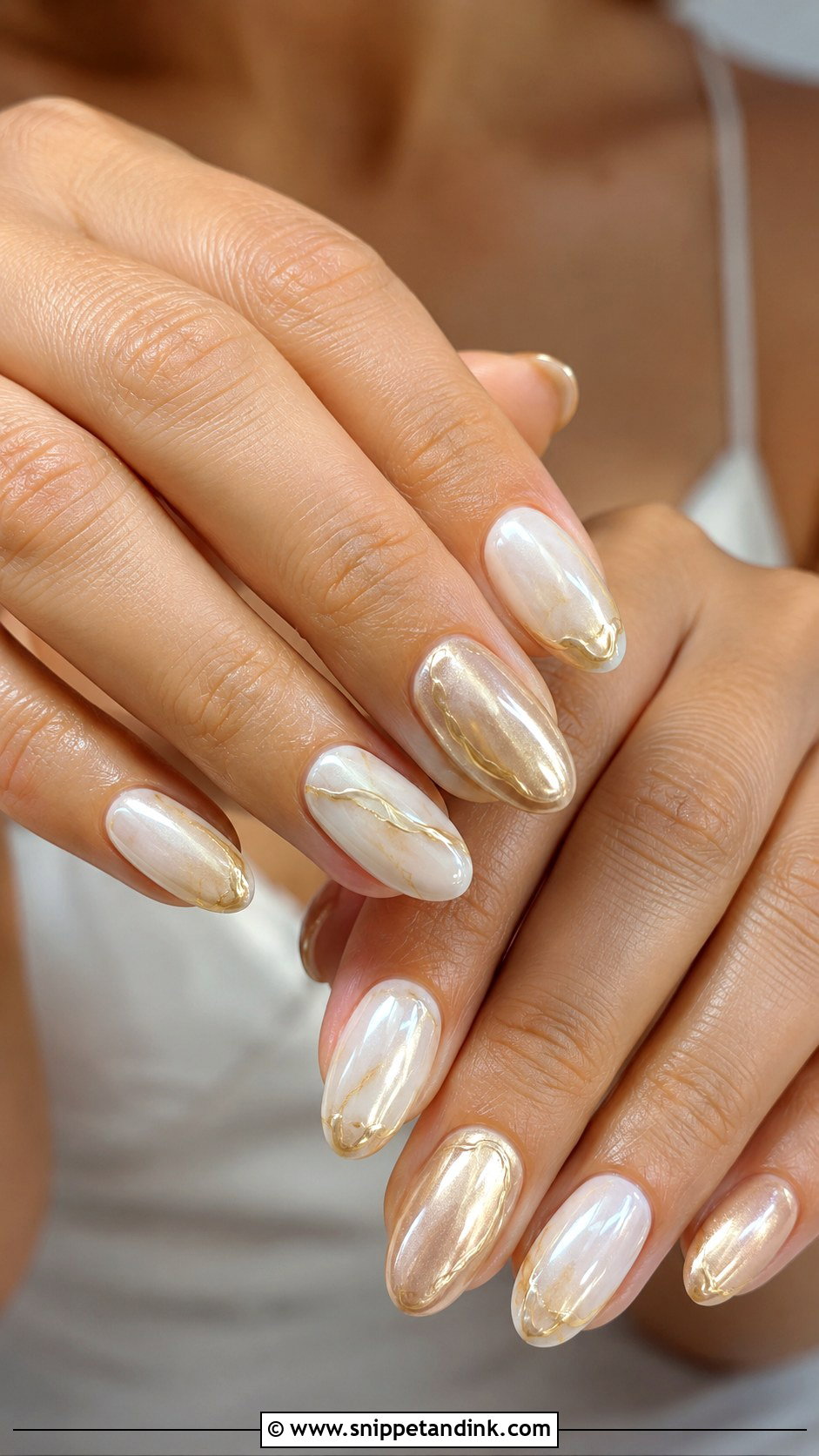 Milky White Bridal Nails With Gold Chrome - Snippet and Ink - 20 Bridal Nails with Gold