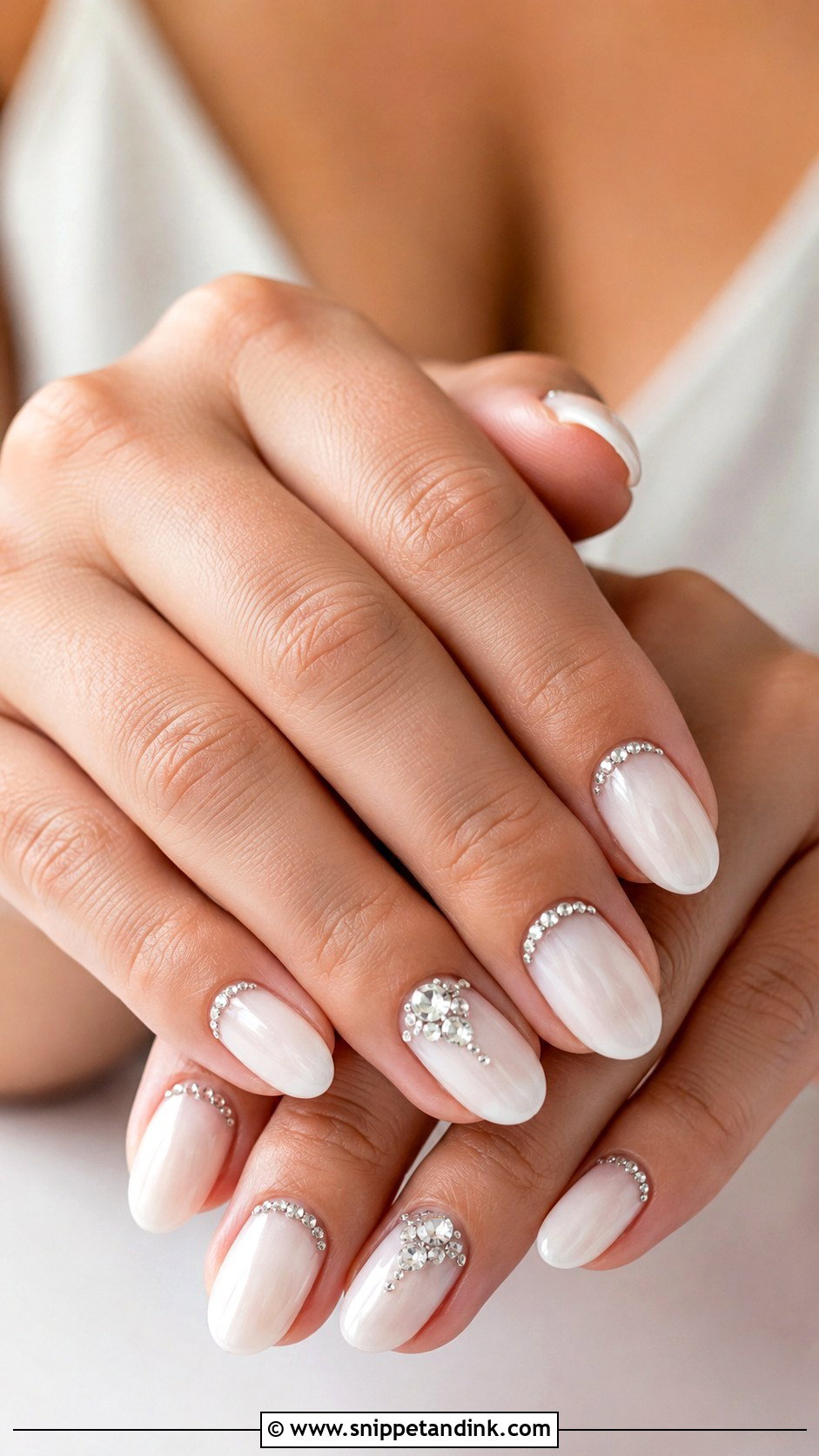 Milky White Rhinestone Wedding Nails - Snippet and Ink - 20 Wedding Nails with Rhinestones
