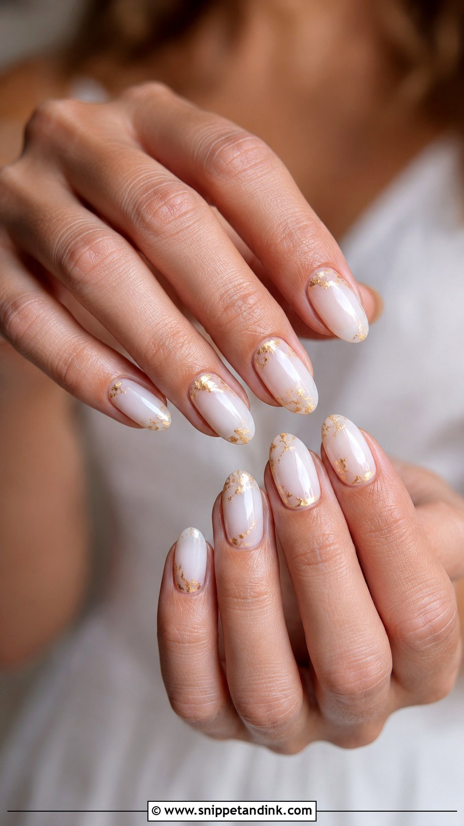 Milky White Wedding Nails With Gold Foil - Snippet and Ink - 20 Wedding Nails Gold Accent