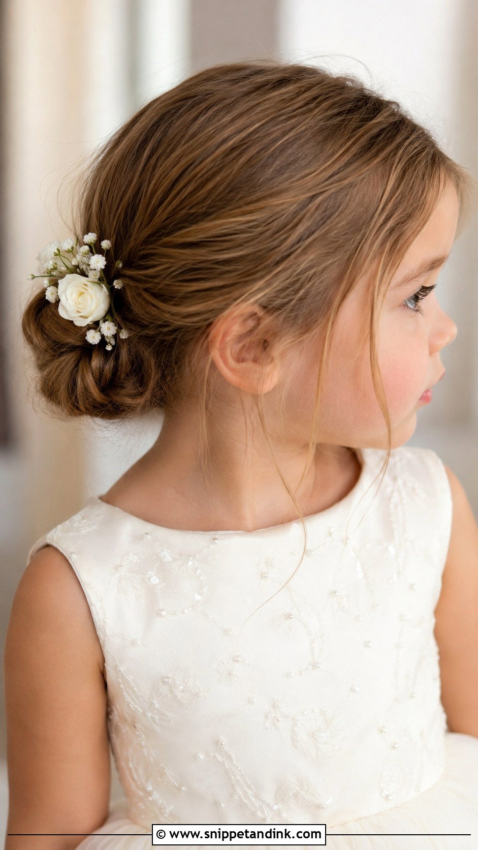 Mini Chignon With Flowers - Snippet and Ink - 25 Toddler Wedding Hair Ideas