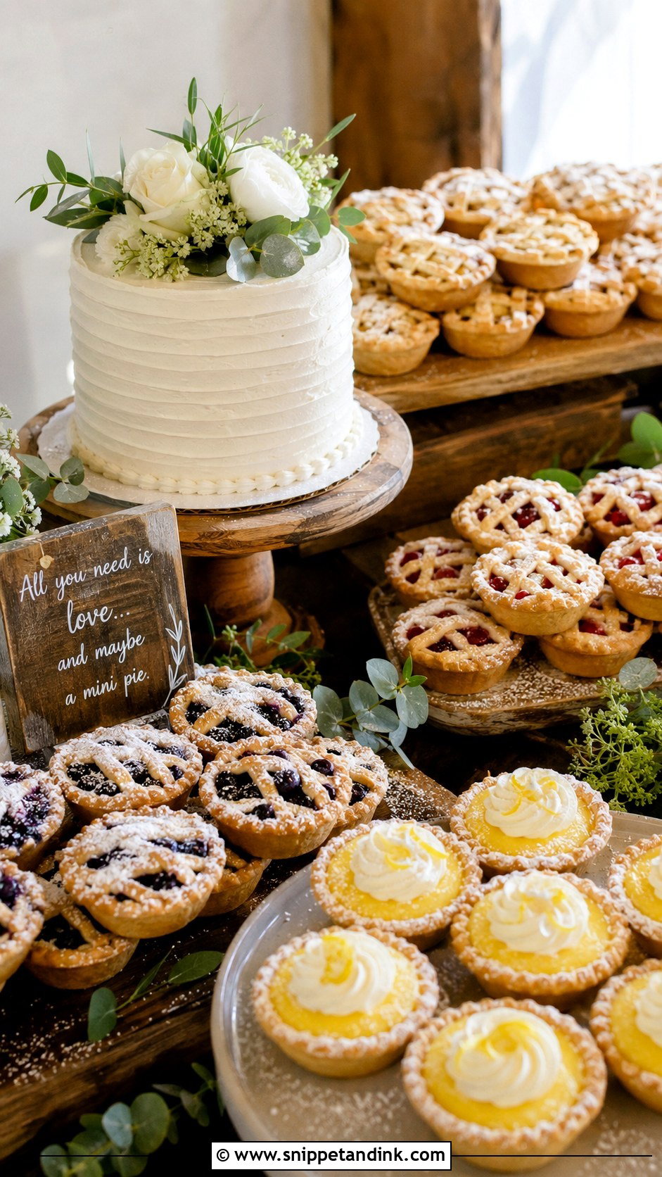 Mini Pie Wedding Dessert Table - Snippet and Ink - 20 Assorted Wedding Dessert Table Ideas