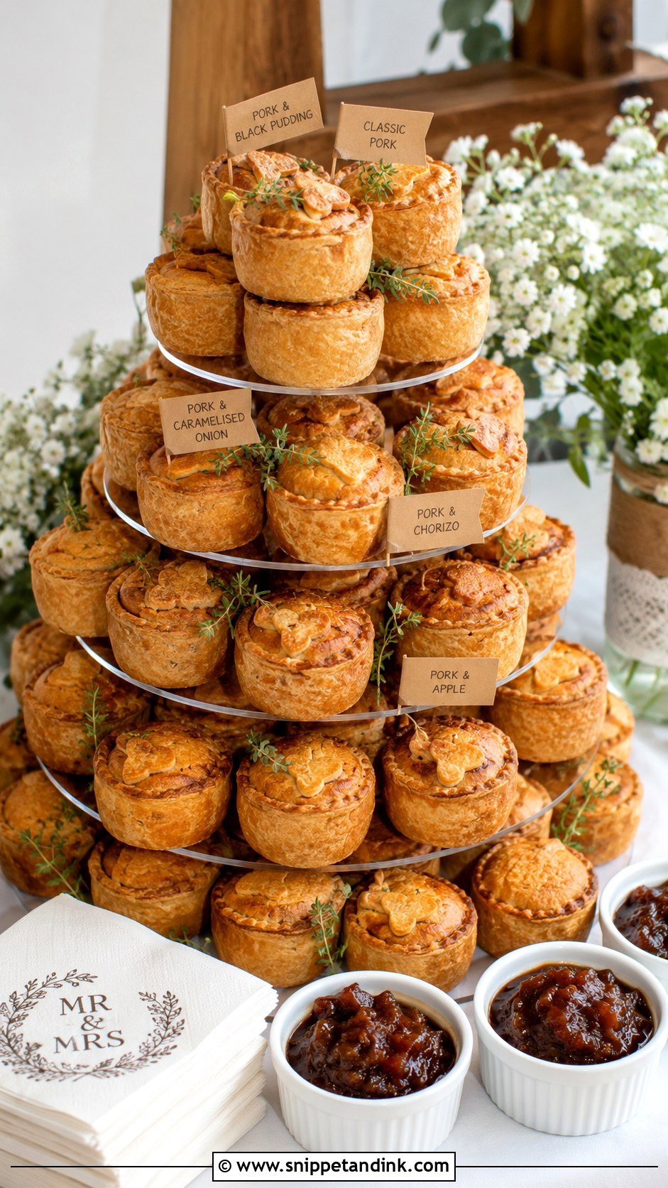 Mini Pork Pie Wedding Cake Tower - Snippet and Ink - 20 Pork Pie Wedding Cake Ideas