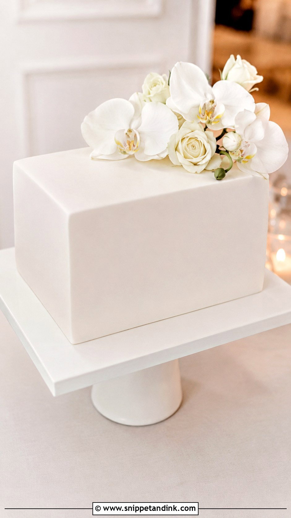 Minimal Rectangle Wedding Cake With White Flowers - Snippet and Ink - 20 Rectangle Cake Ideas with Flowers for Wedding