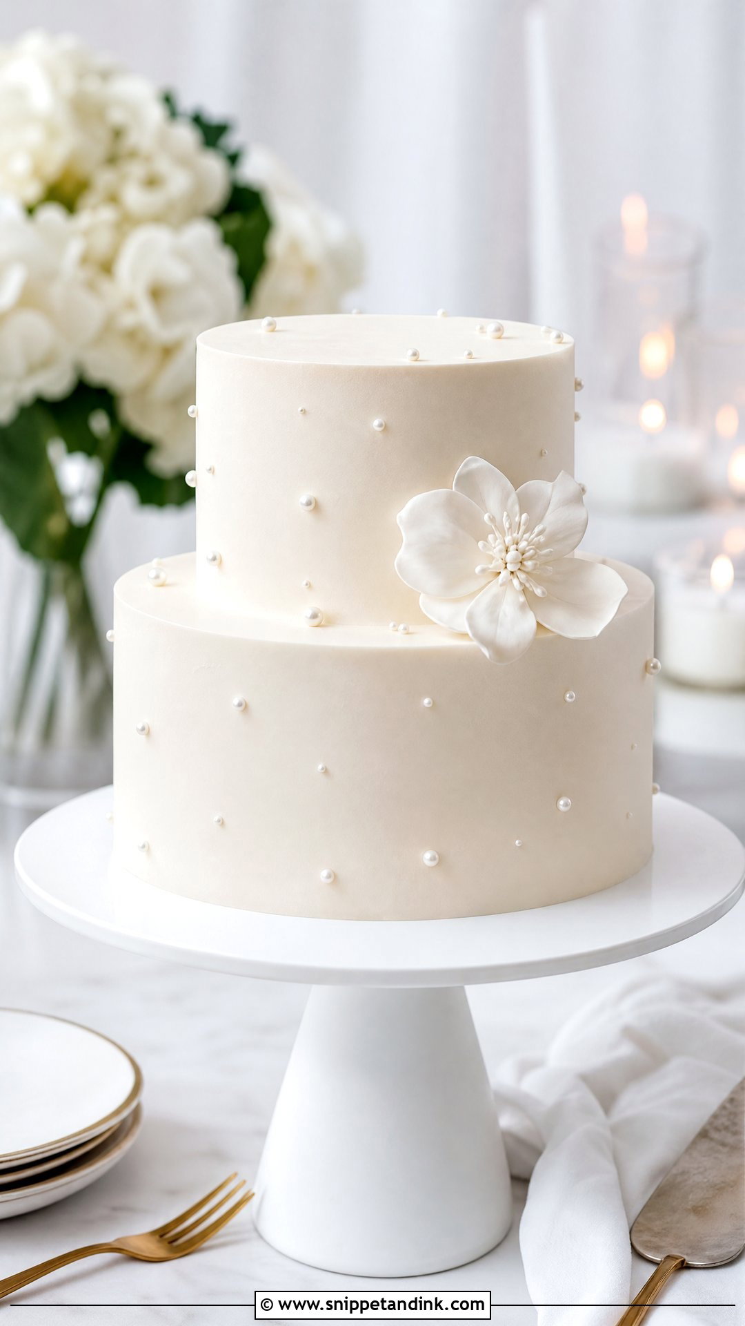 Minimalist Wedding Cake With Pearls - Snippet and Ink - 20 Simple Wedding Cake Ideas