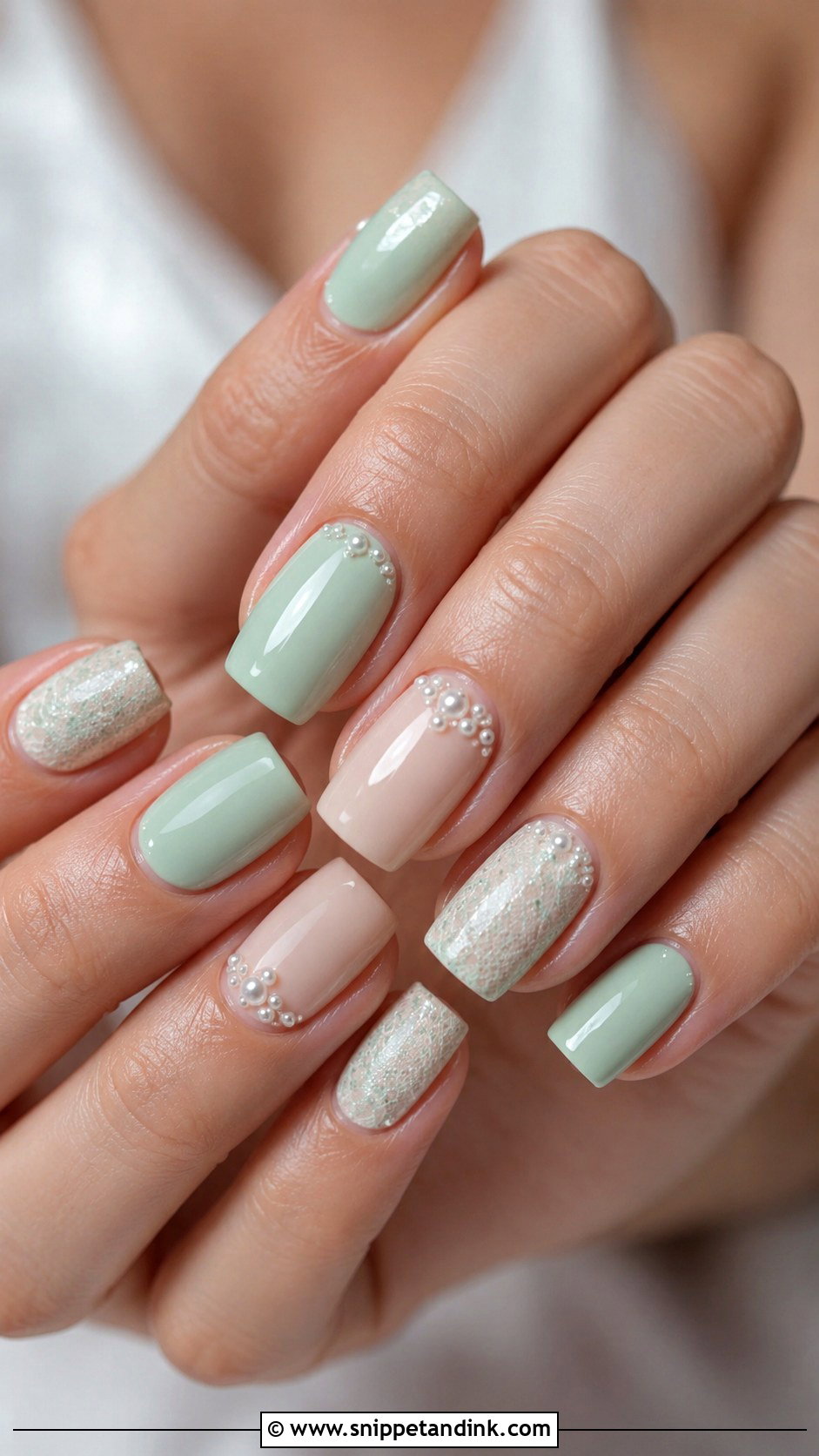 Mint Green Bridal Nails With Pearl Accents - Snippet and Ink - 20 Green Bridal Nails