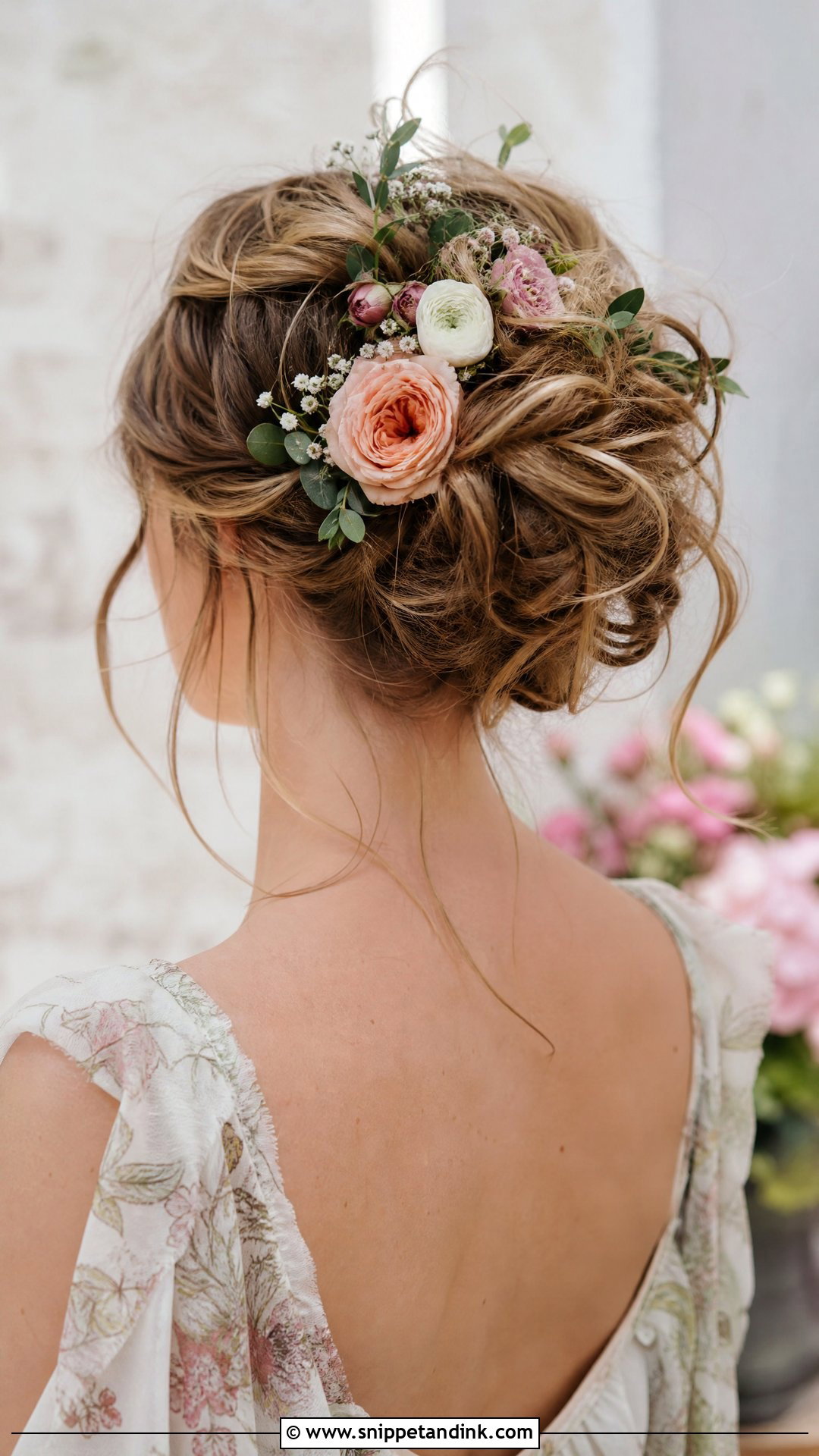 Mixed Blooms in a Messy Bohemian Bun - Snippet and Ink - 20 Bridal Hair Flower Ideas