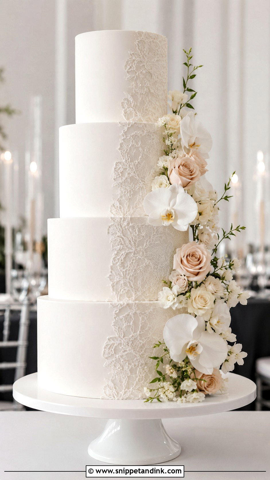 Modern Lace Wedding Cake With Flowers - Snippet and Ink - 25 Lace Wedding Cake Ideas with Flowers