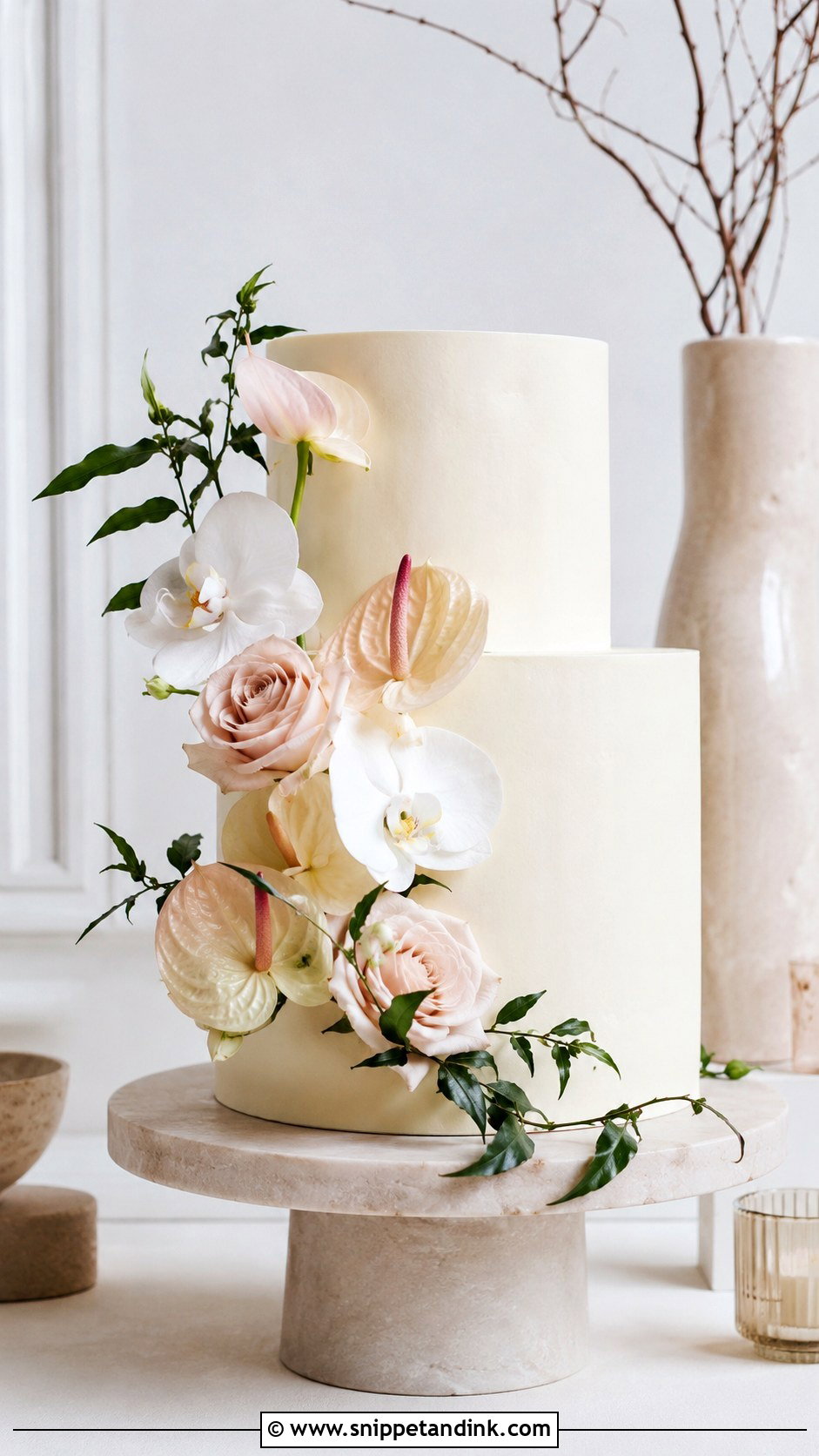 Modern Wedding Cake With Asymmetrical Flowers - Snippet and Ink - 25 Simple Wedding Cake Decoration Ideas