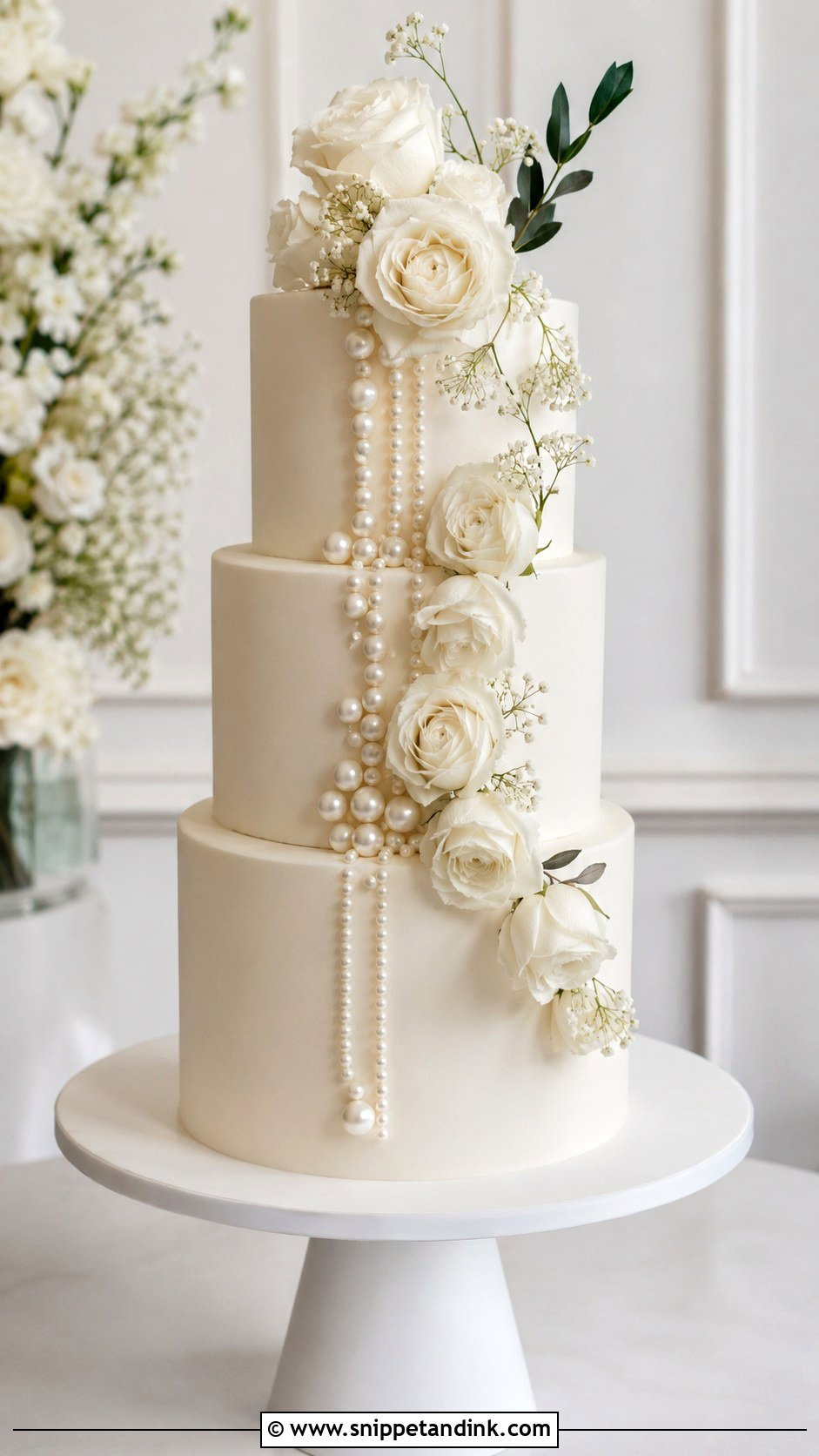 Modern Wedding Cake With Pearls And Flowers - Snippet and Ink - 30 Wedding Cake Ideas with Flowers and Pearls