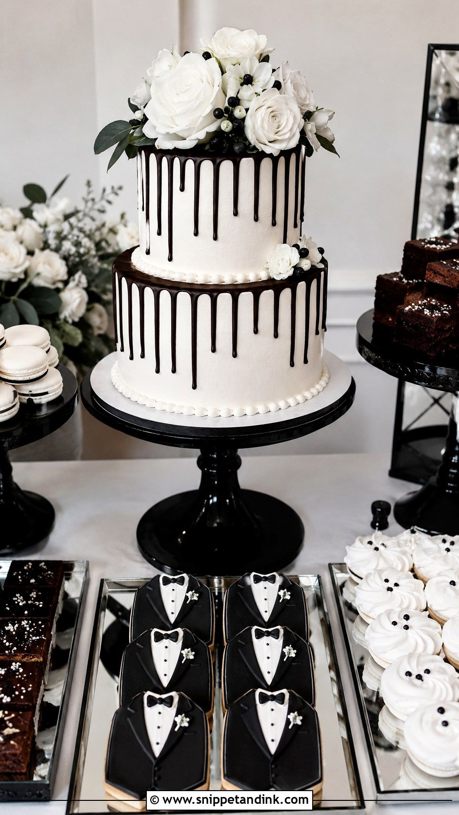 Modern Wedding Dessert Table With Black And White Sweets - Snippet and Ink - 20 Modern Wedding Dessert Table Ideas