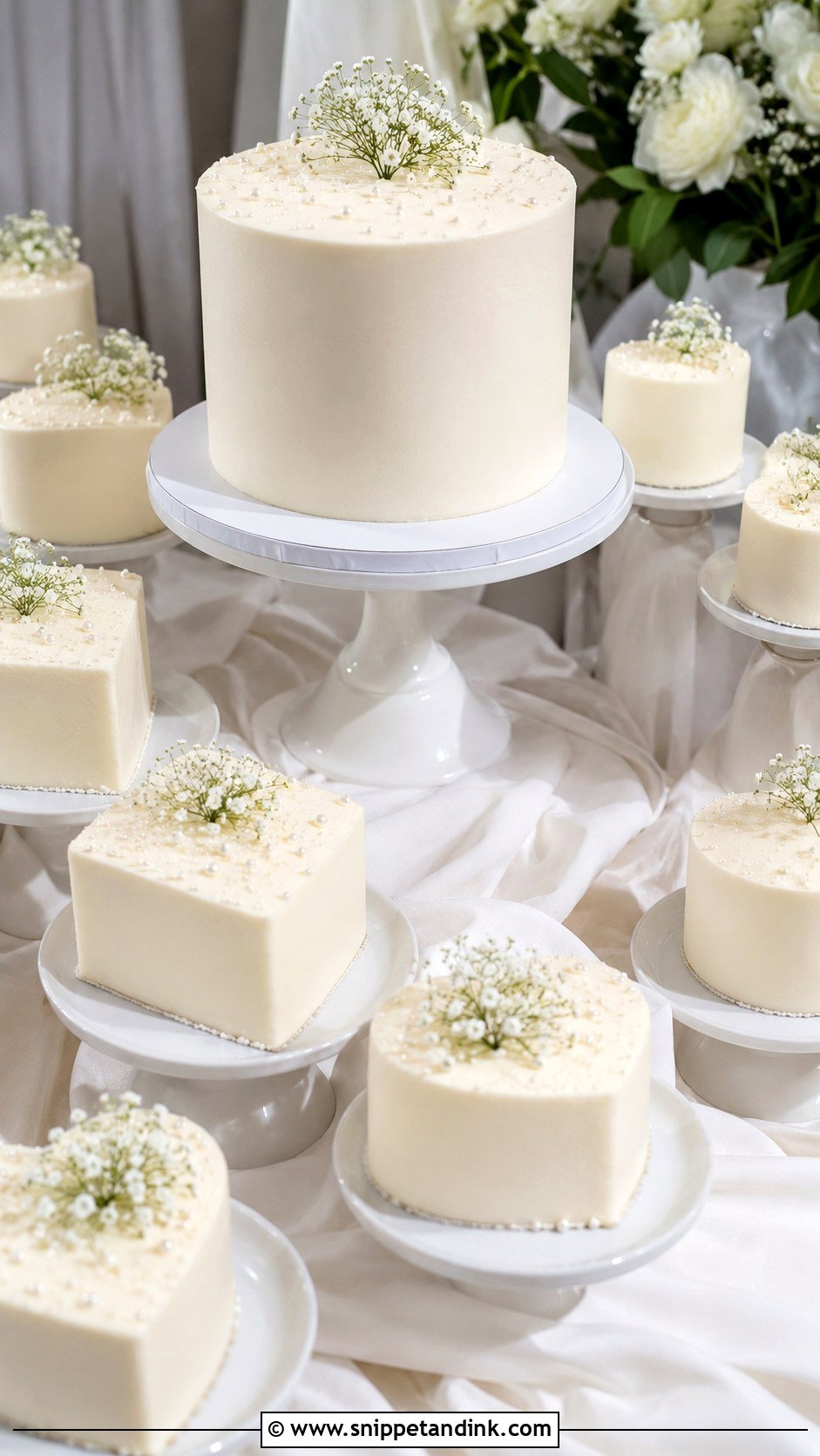 Modern Wedding Dessert Table With Mini Cakes - Snippet and Ink - 20 Modern Wedding Dessert Table Ideas