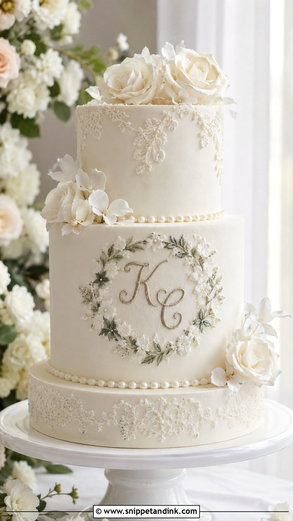 Monogram Brush Embroidery Wedding Cake - Snippet and Ink - 20 Brush Embroidery Wedding Cake Ideas