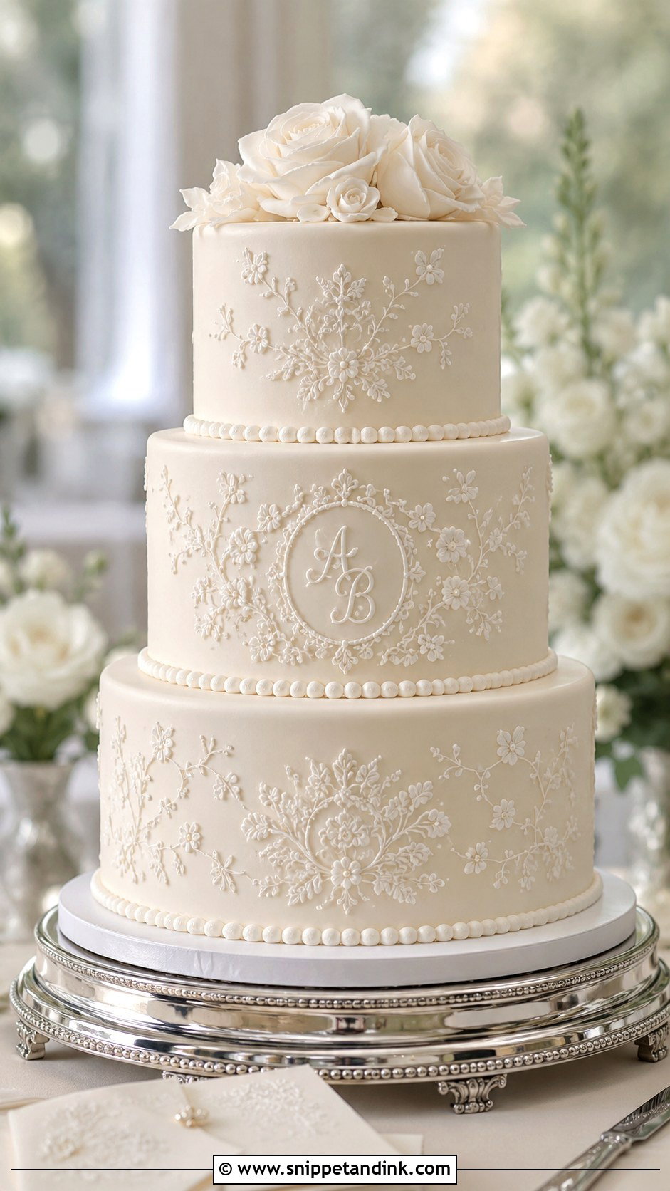 Monogram Embroidery Wedding Cake - Snippet and Ink - 20 Embroidery Cake Design Ideas for Wedding