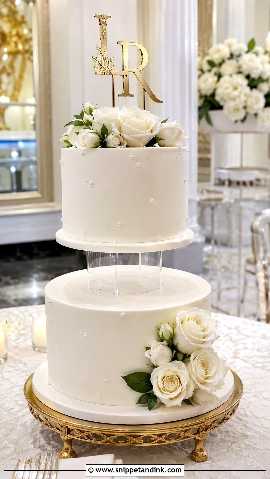 Monogram Wedding Cake With Acrylic Separator - Snippet and Ink - 20 Wedding Cake Acrylic Separator Ideas