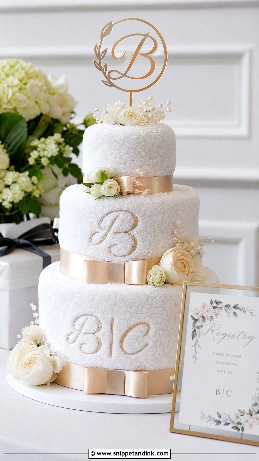 Monogram Wedding Towel Cake - Snippet and Ink - 20 Towel Cakes for Wedding