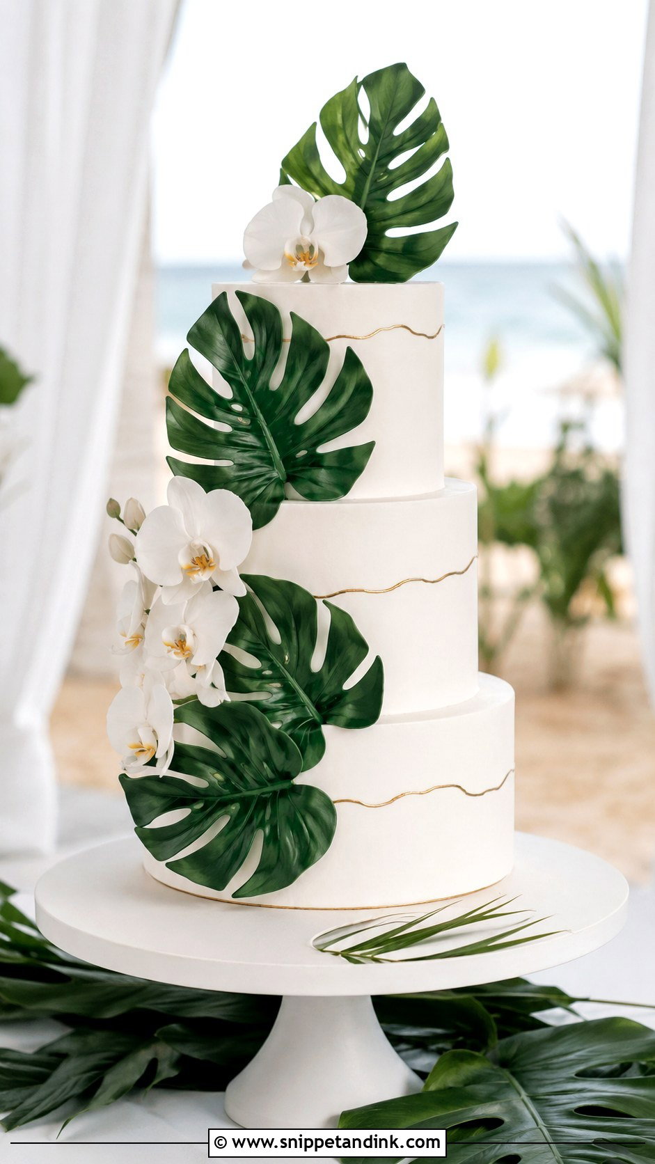 Monstera Leaf Wedding Cake - Snippet and Ink - 25 Tropical Beach Wedding Cake Ideas