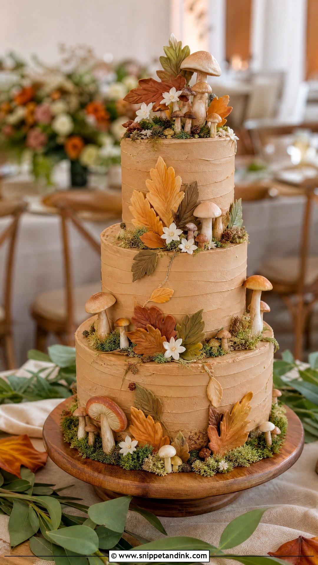 Mushroom Wedding Cake With Autumn Leaves - Snippet and Ink - 20 Mushroom Cake Decoration Ideas for Wedding