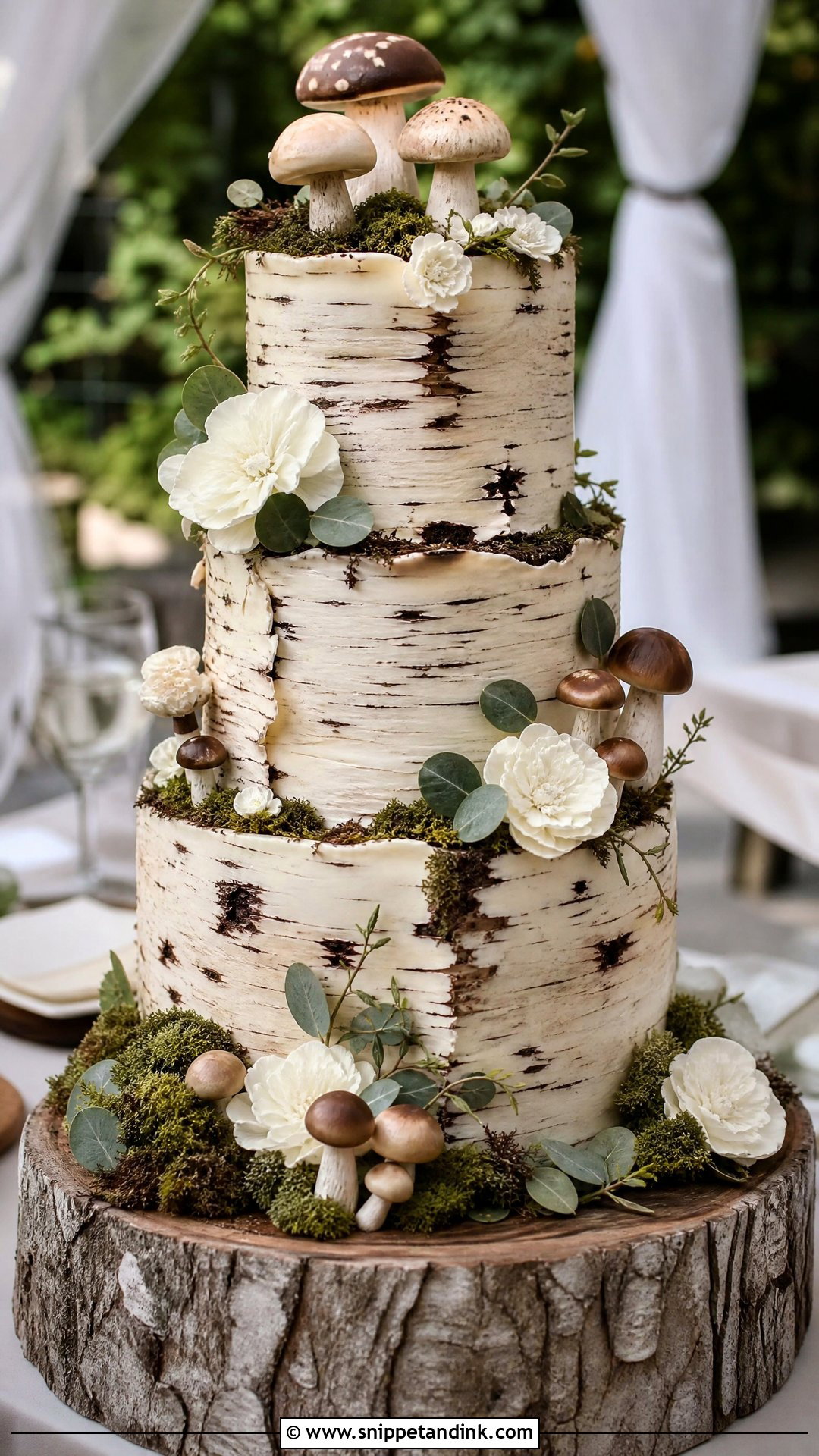 Mushroom Wedding Cake With Birch Bark - Snippet and Ink - 20 Mushroom Cake Decoration Ideas for Wedding