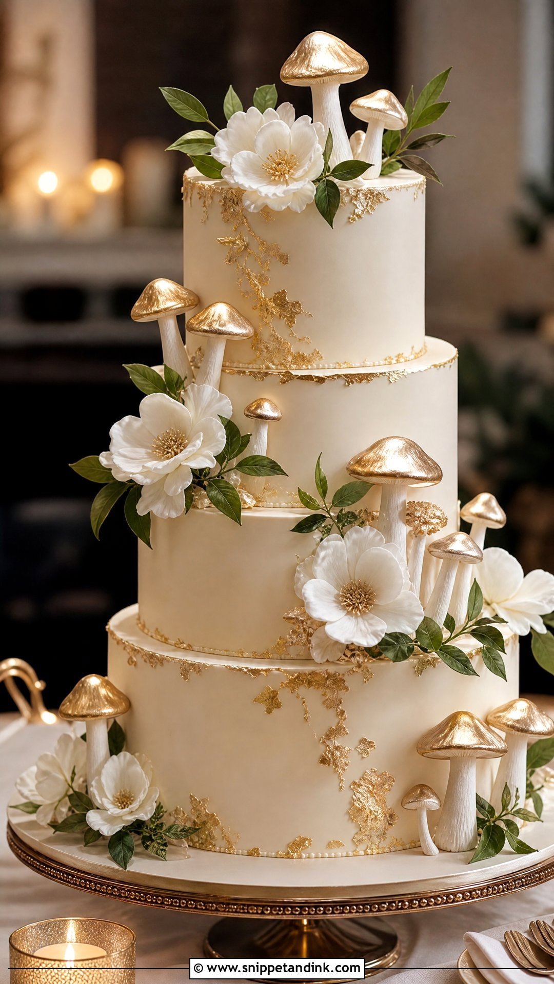 Mushroom Wedding Cake With Gold Accents - Snippet and Ink - 20 Mushroom Cake Decoration Ideas for Wedding
