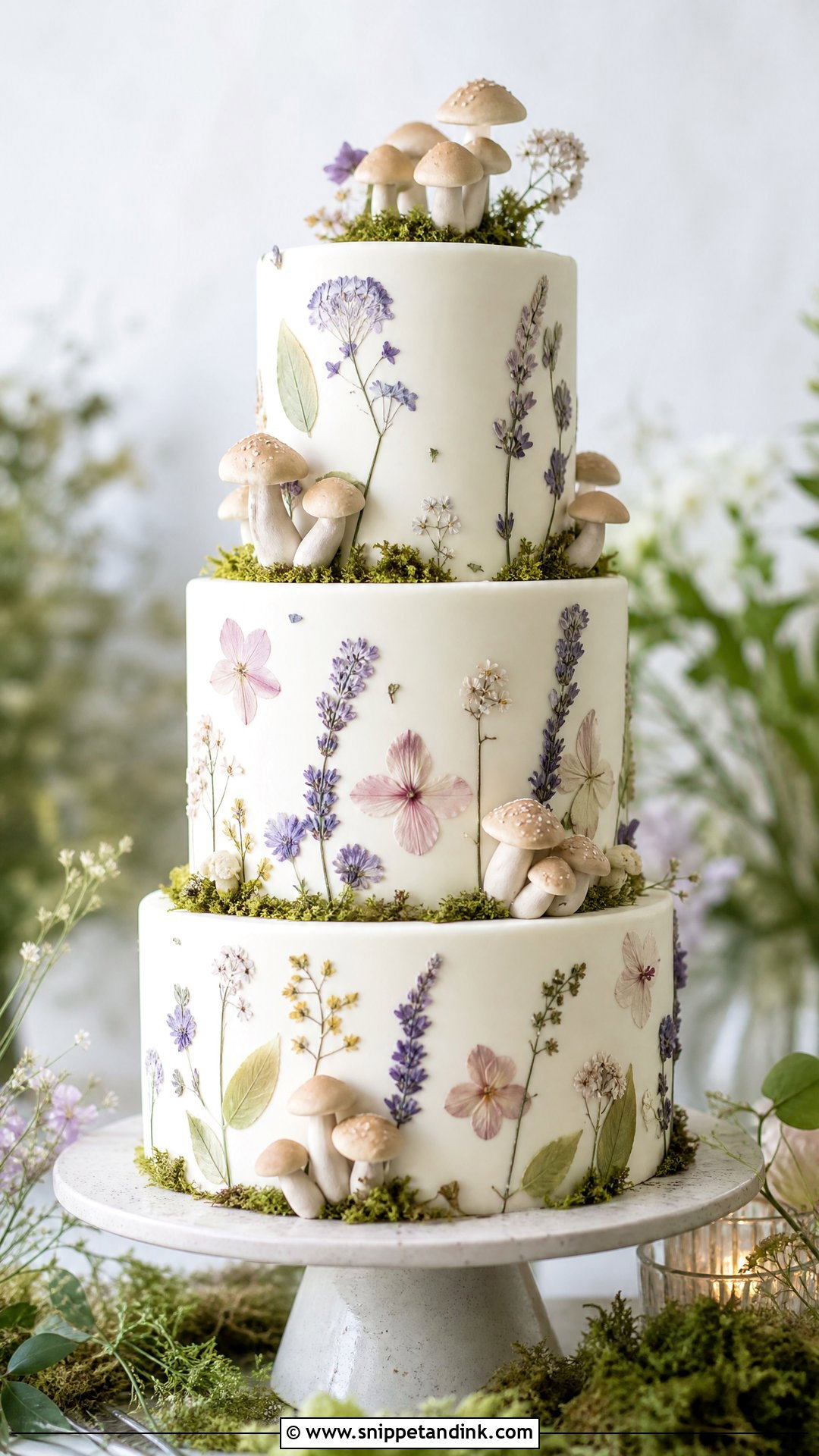 Mushroom Wedding Cake With Pressed Flowers - Snippet and Ink - 20 Mushroom Cake Decoration Ideas for Wedding