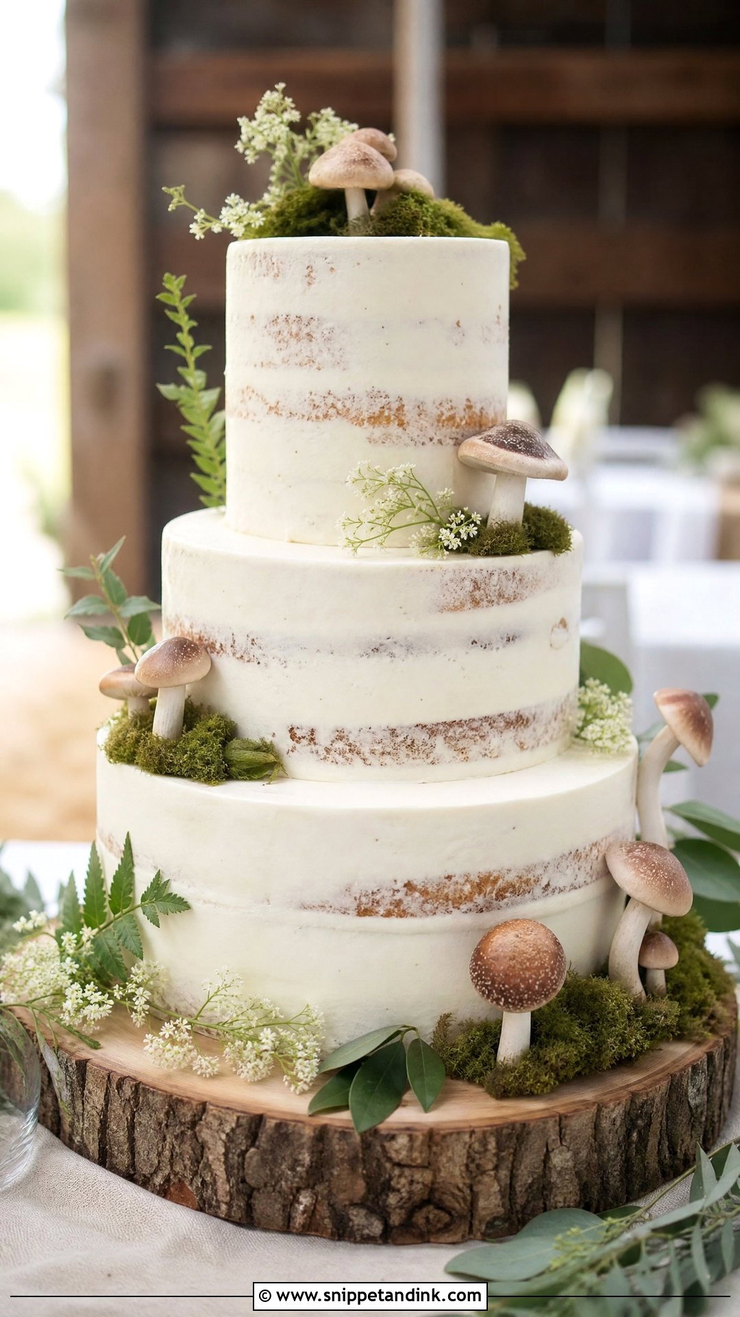 Mushroom Wedding Cake With Rustic Wood Stand - Snippet and Ink - 20 Mushroom Cake Decoration Ideas for Wedding