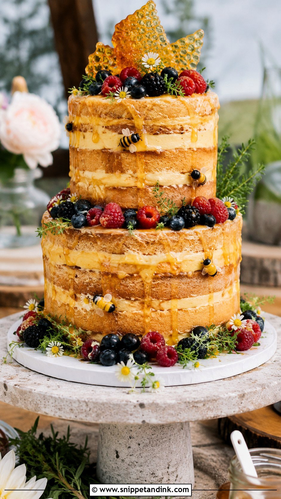 Naked Honey Bee Wedding Cake - Snippet and Ink - 20 Honey Bee Cake Design Ideas for Wedding