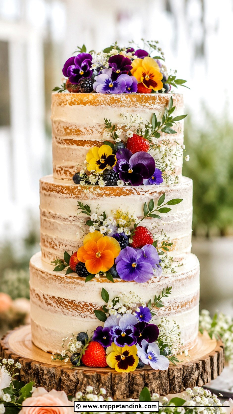 Naked Pansy Wedding Cake - Snippet and Ink - 20 Pansy Wedding Cake Ideas