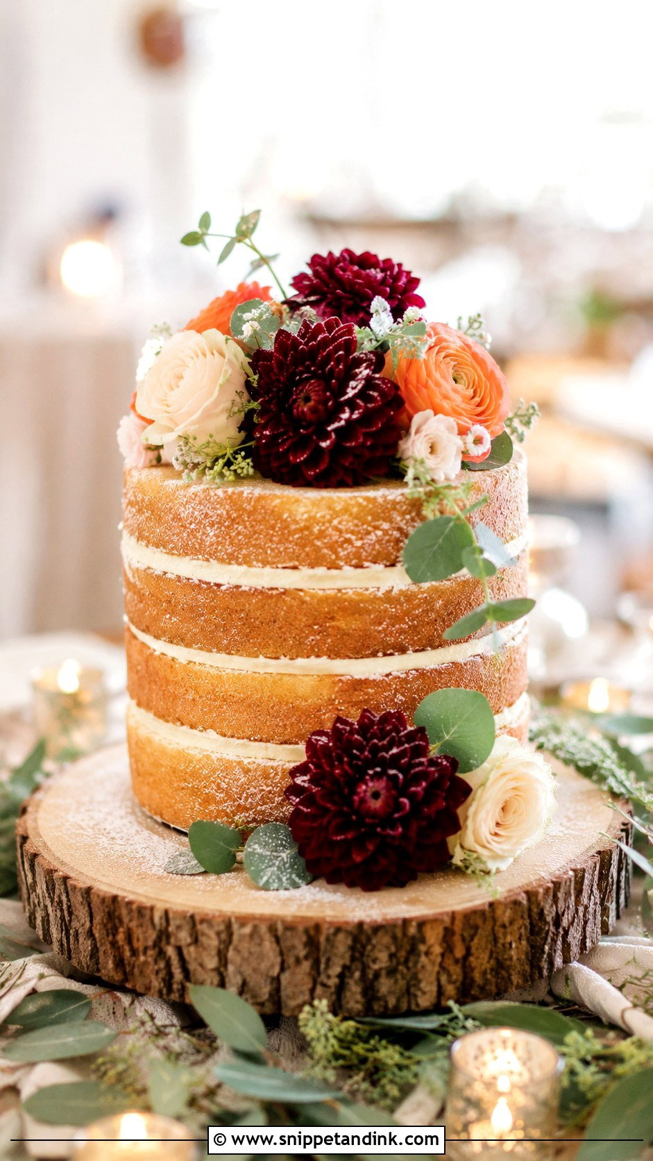 Naked Single Tier Wedding Cake With Fall Flowers - Snippet and Ink - 30 Rustic Fall Single Tier Wedding Cake Ideas