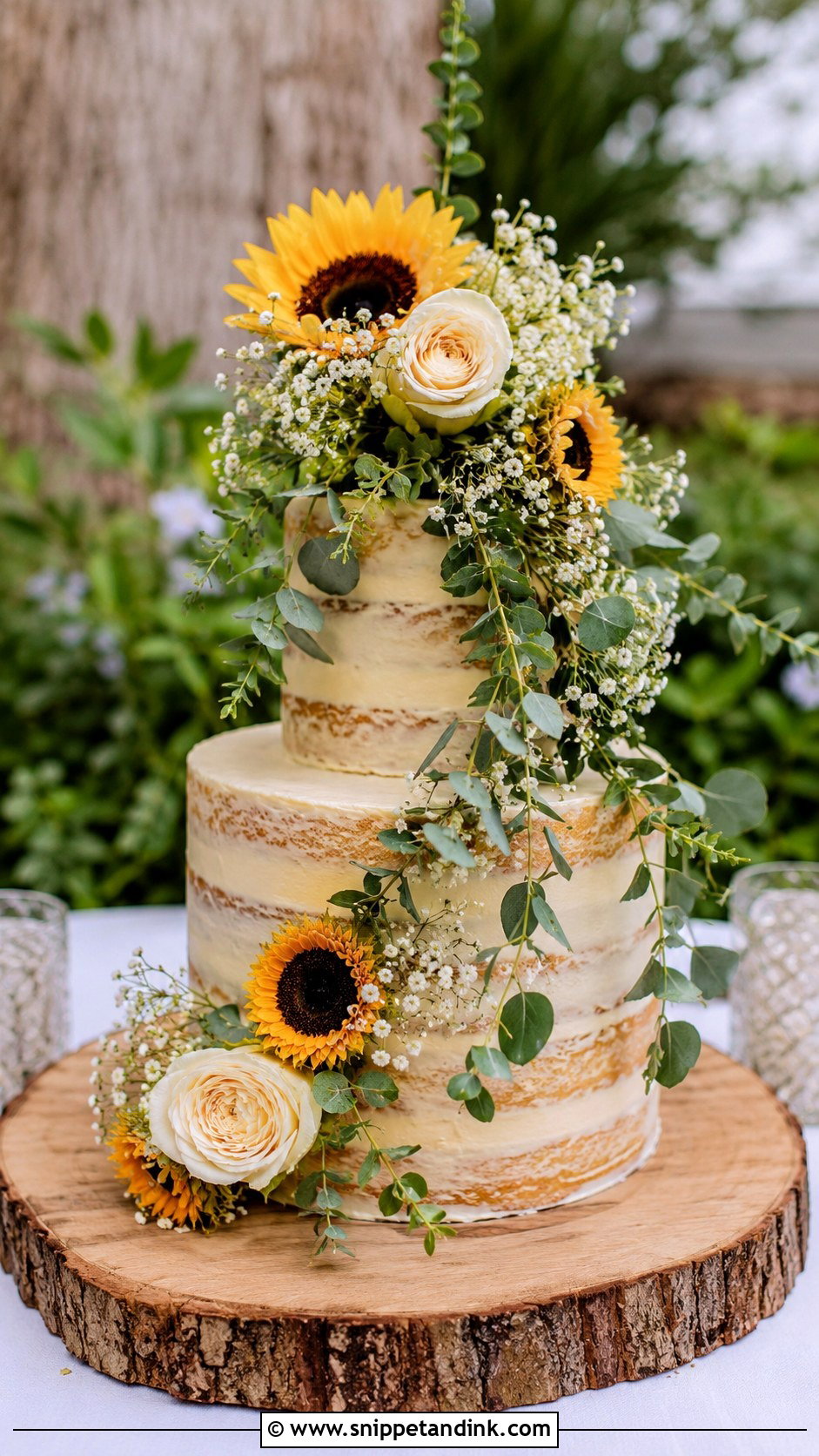 Naked Sunflower And Rose Wedding Cake - Snippet and Ink - 20 Sunflower and Rose Wedding Cake Ideas