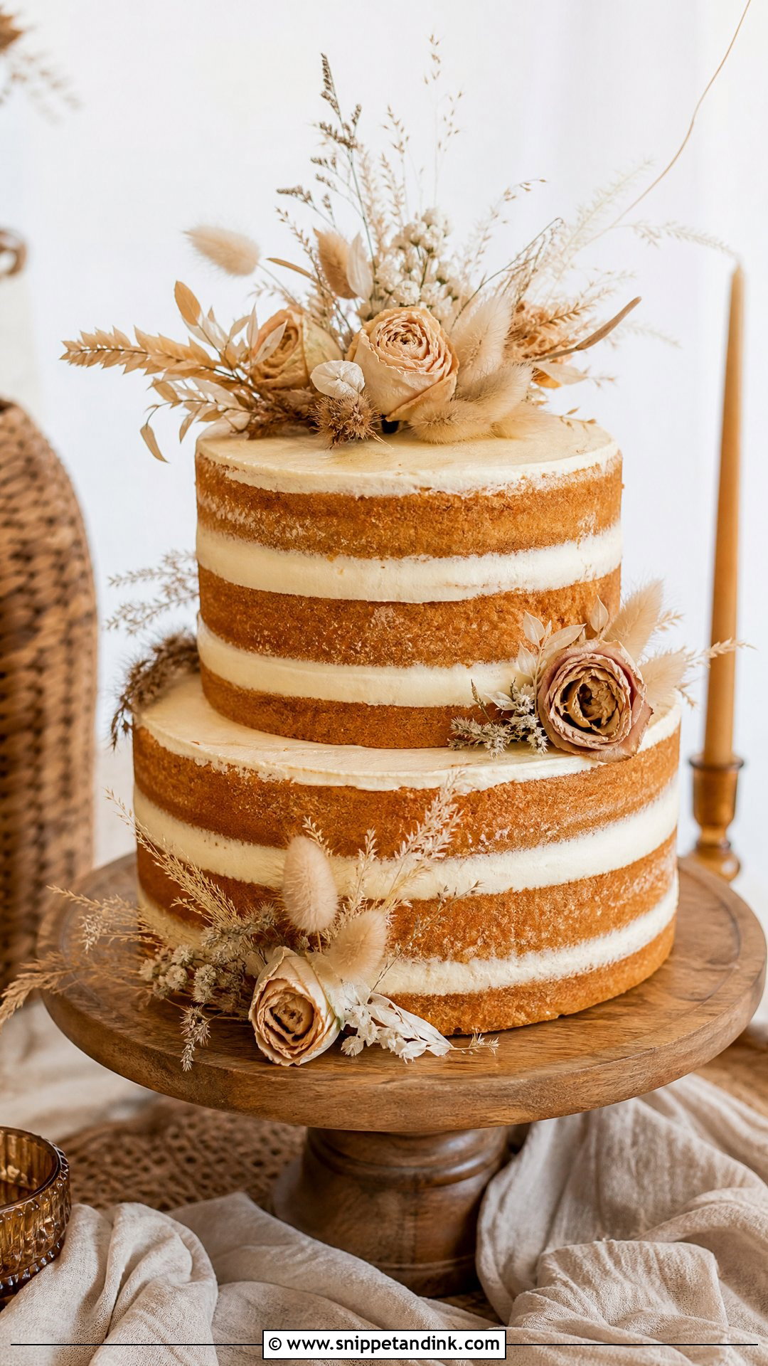 Naked Wedding Cake With Dried Flowers - Snippet and Ink - 20 Naked Wedding Cake Ideas