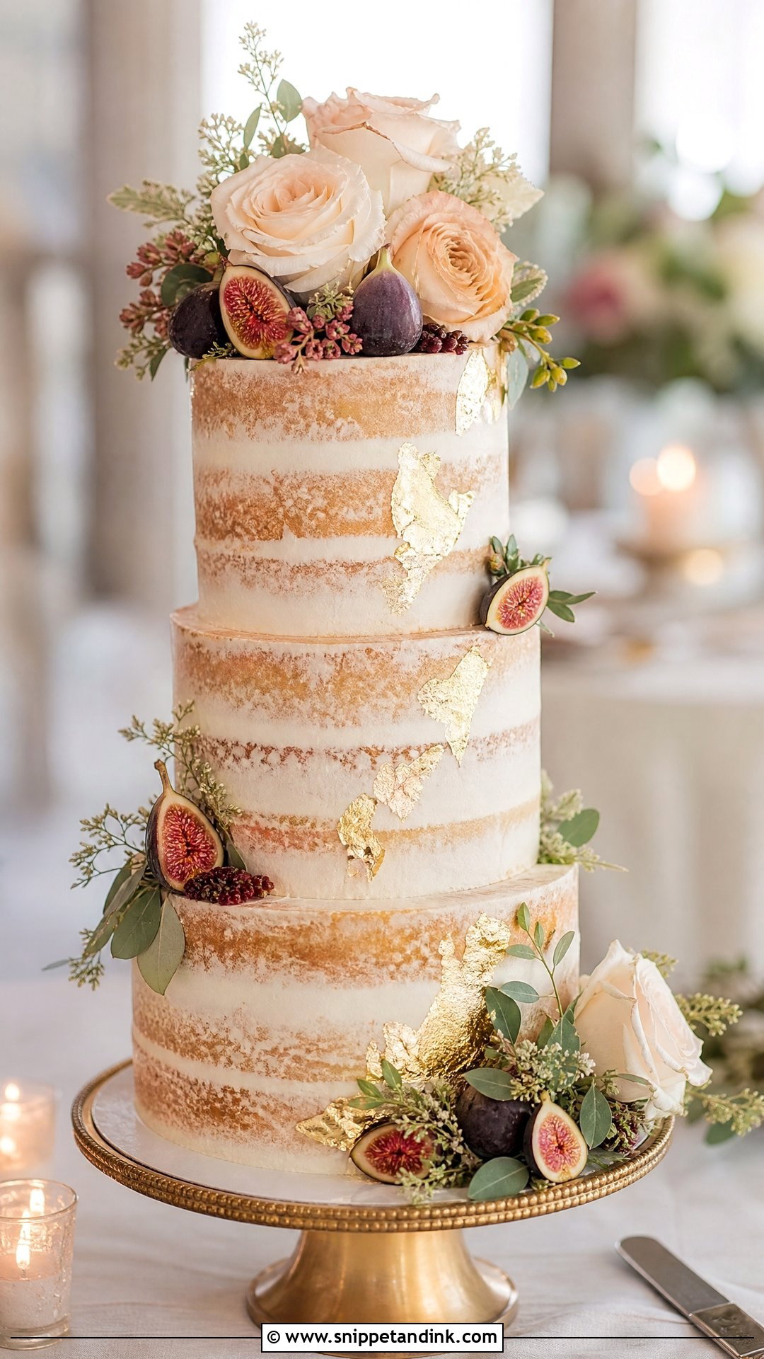 Naked Wedding Cake With Gold Leaf - Snippet and Ink - 25 Naked Wedding Cakes