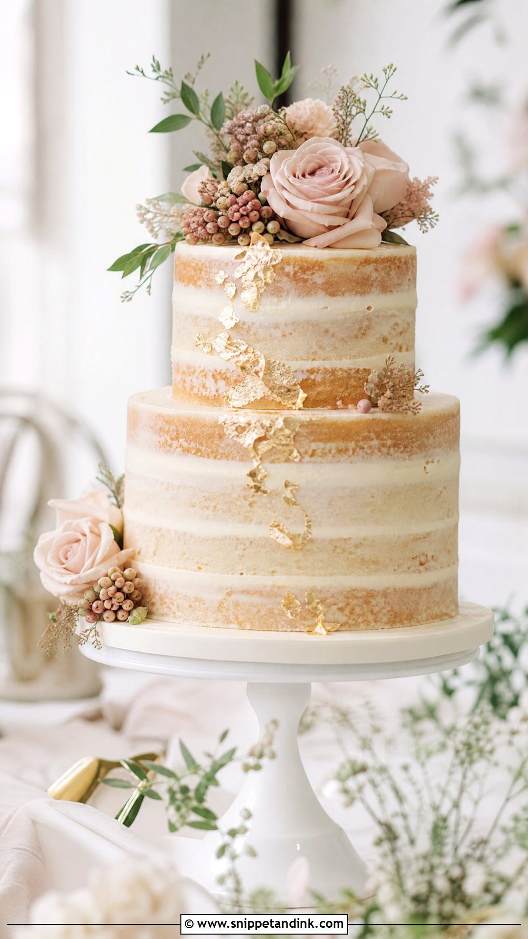 Naked Wedding Cake With Gold Leaf - Snippet and Ink - 20 Naked Wedding Cake Ideas