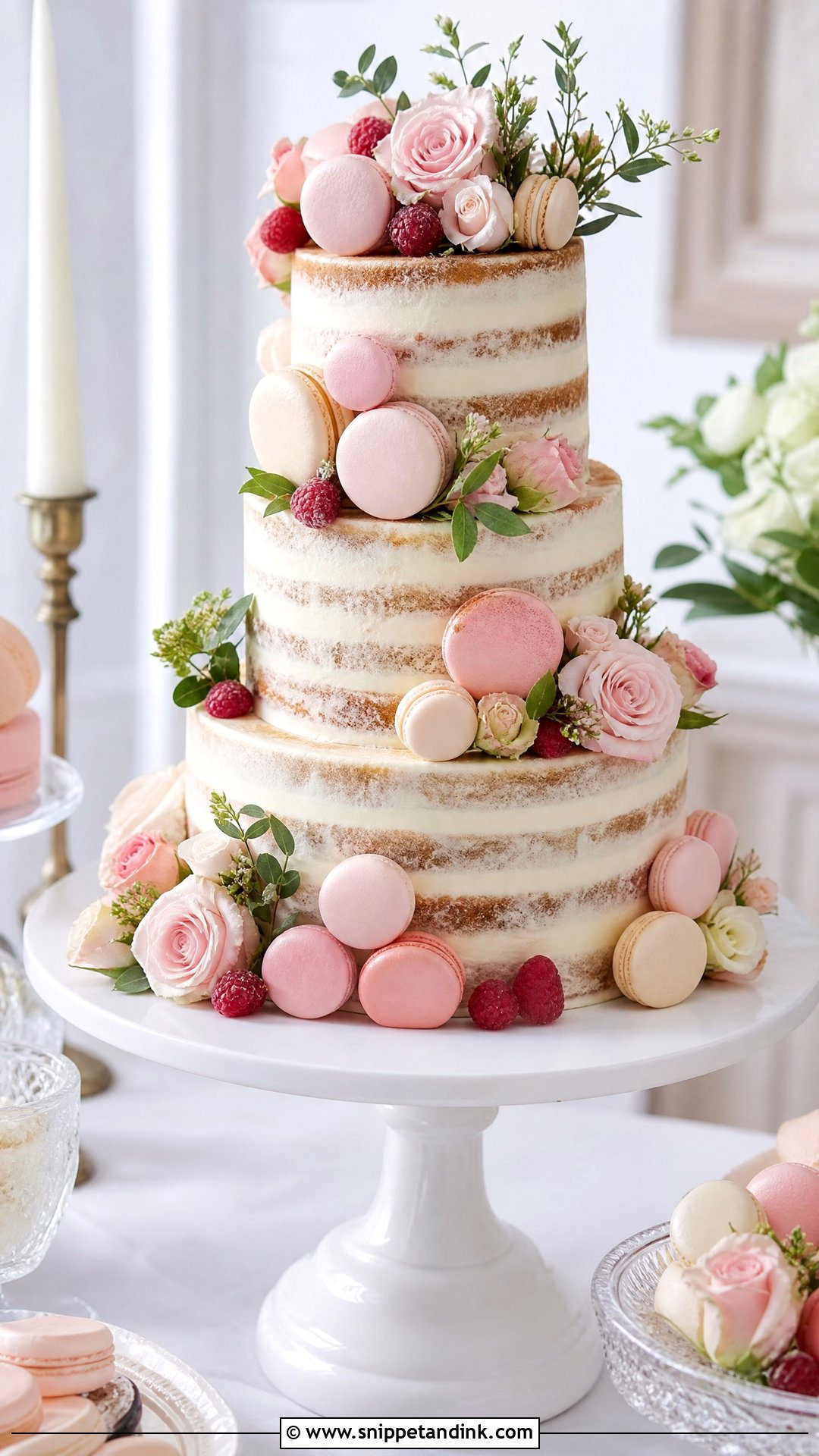 Naked Wedding Cake With Macarons - Snippet and Ink - 25 Naked Wedding Cakes