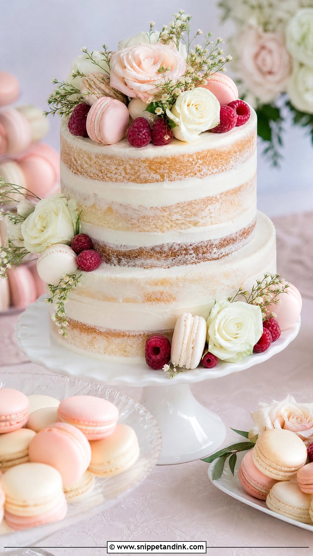 Naked Wedding Cake With Macarons - Snippet and Ink - 20 Naked Wedding Cake Ideas